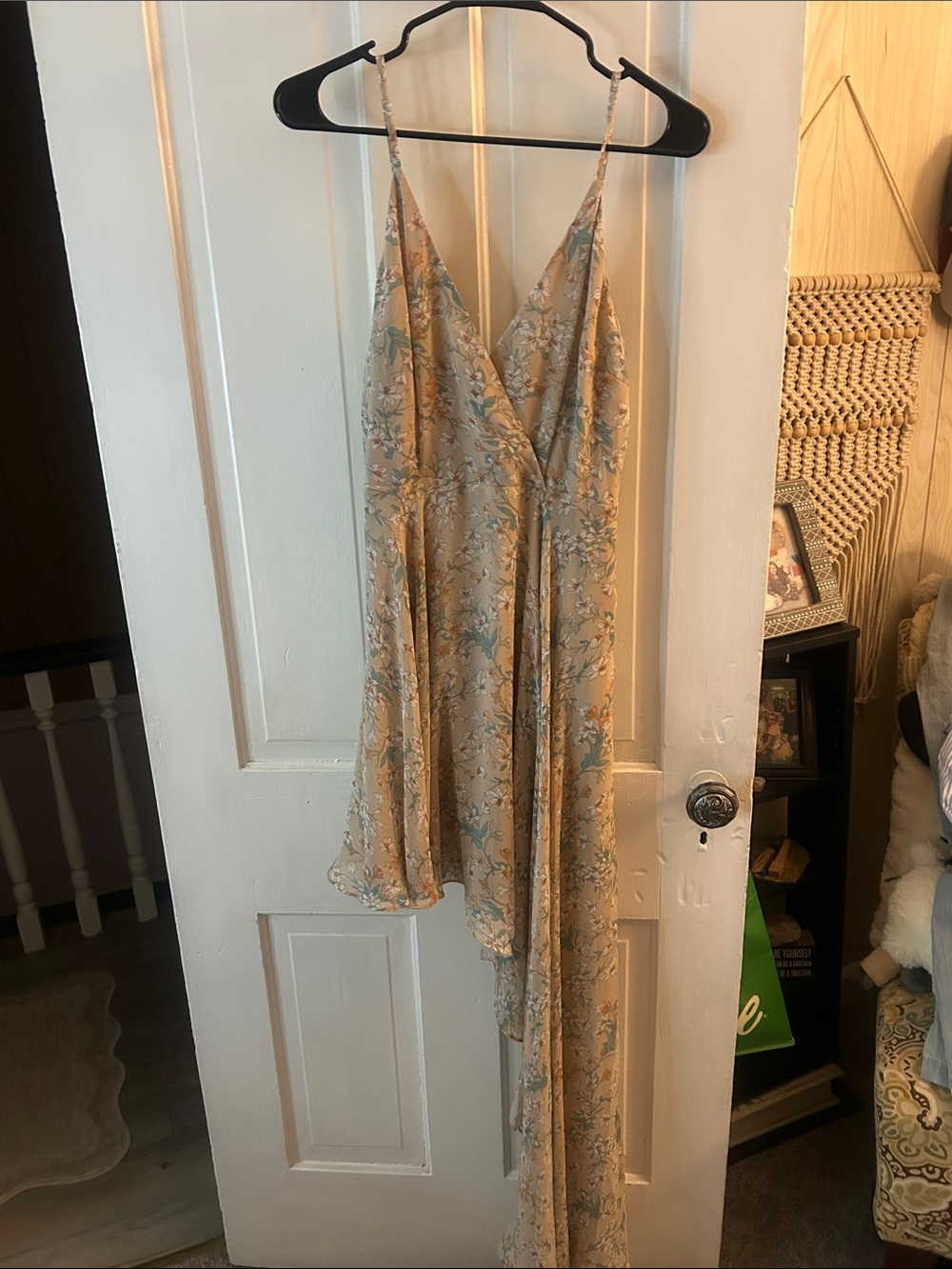 Floral Spaghetti-Strap Maxi Dress in Beige